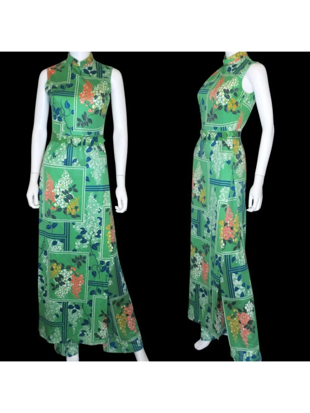 Vintage 70s George Gerring 2 Pc Maxi Dress & Pants Set Asian Mandarin Collar